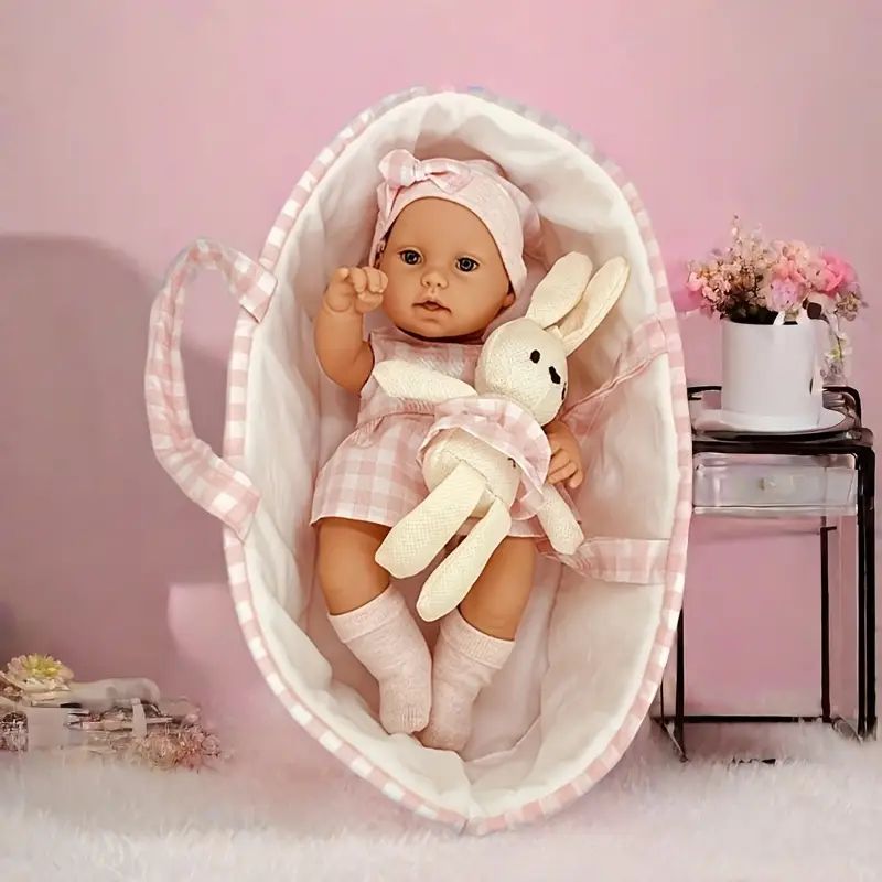 15 Inch Full Body Vinyl Baby Doll (with Sleeping Basket & Bunny)